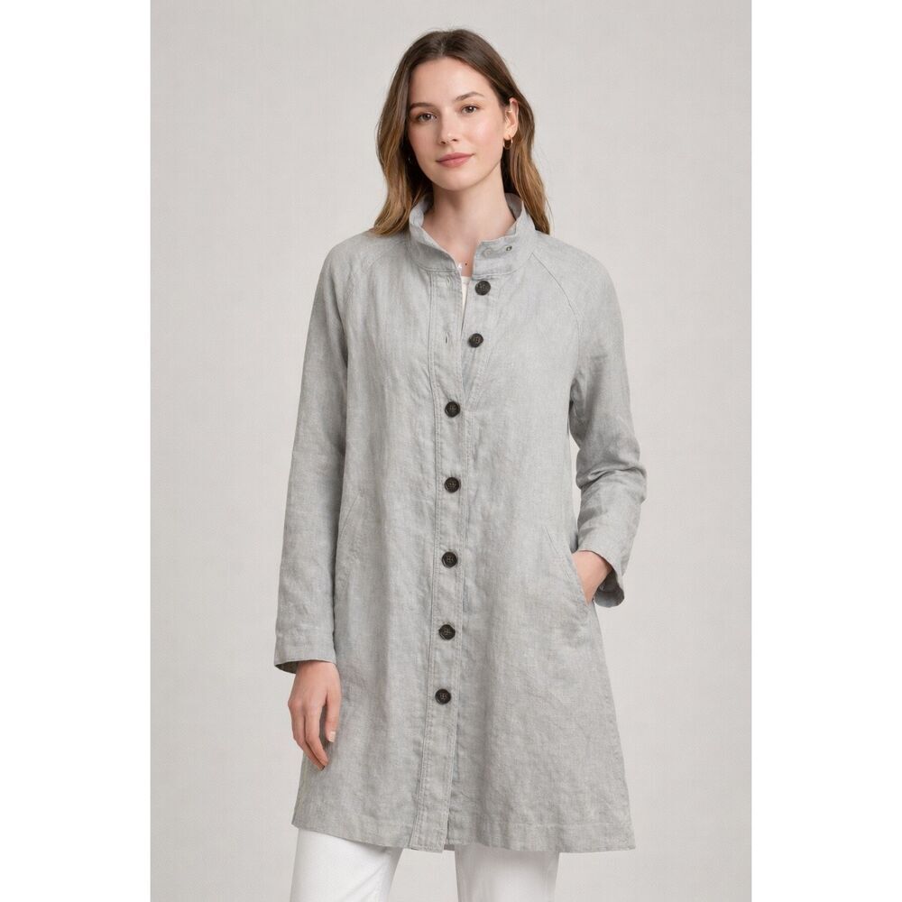 Garnet Hill Linen Coat Womens Small Gray Button Front Lightweight